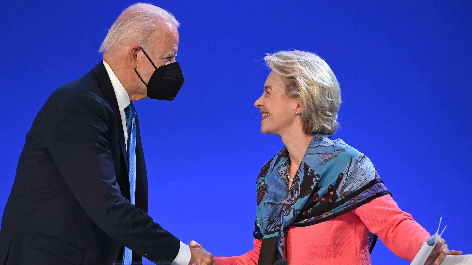 President Biden is seen shaking hands with European Commission President Ursula von der Leyen.