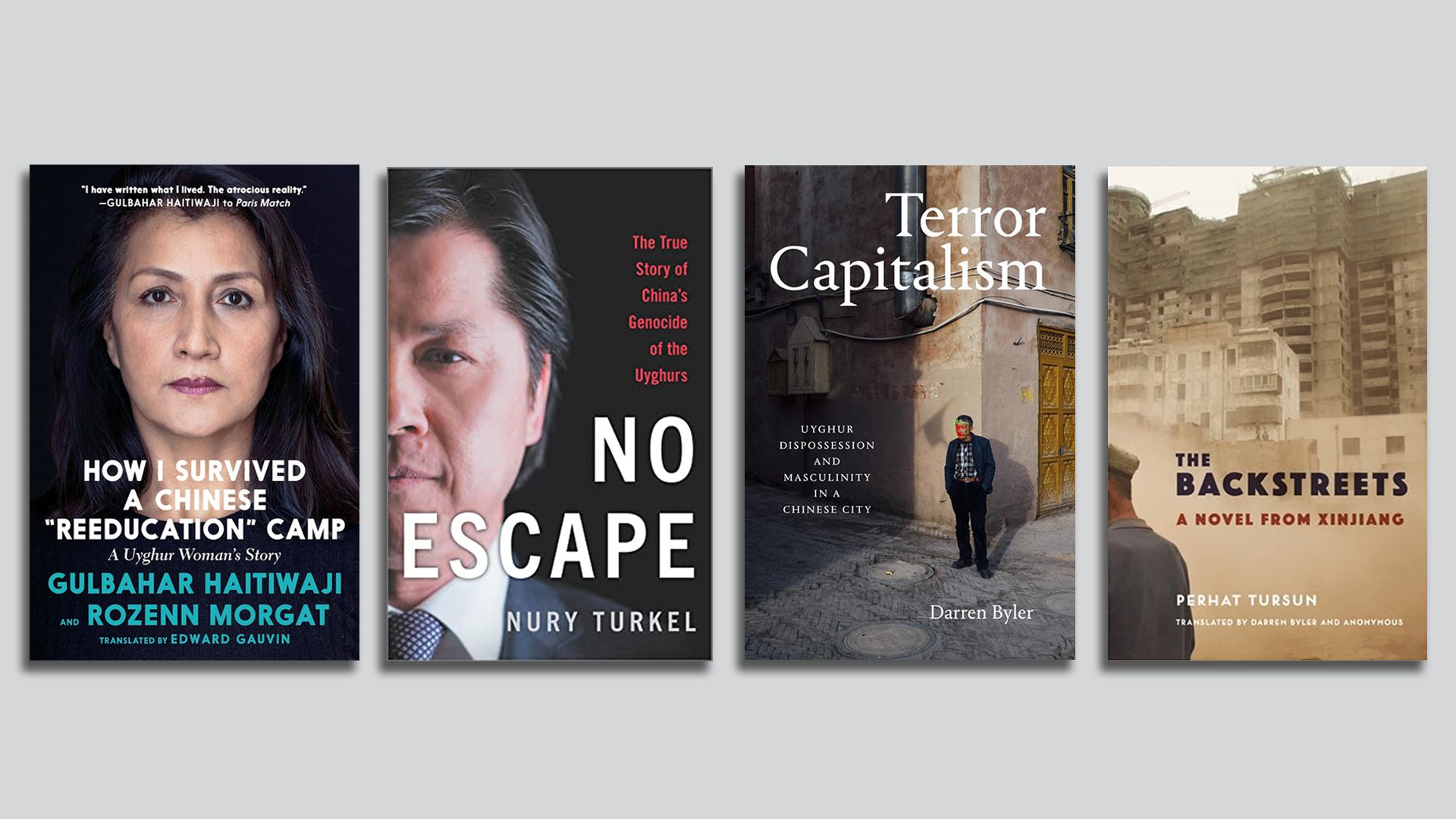 Book cover images of four books about Uyghurs