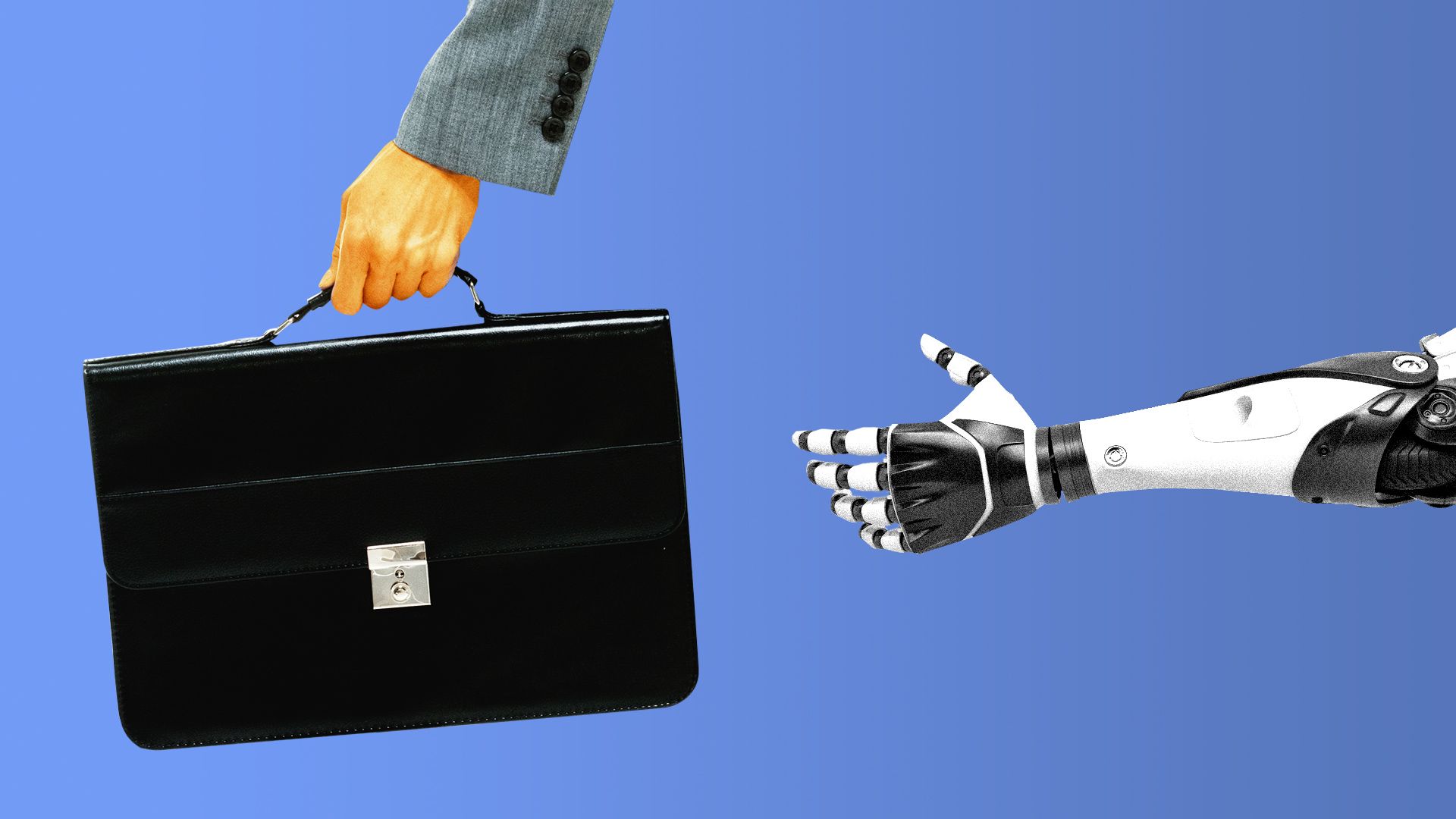 Illustration of a woman holding a briefcase with a robot hand reaching out to grab it from behind.