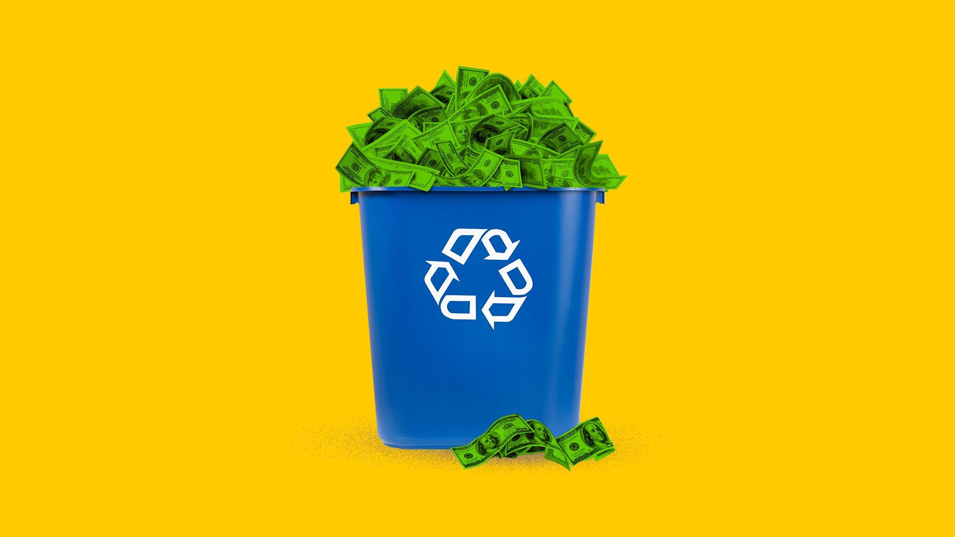 Illustration of a recycling bin full of cash bills.