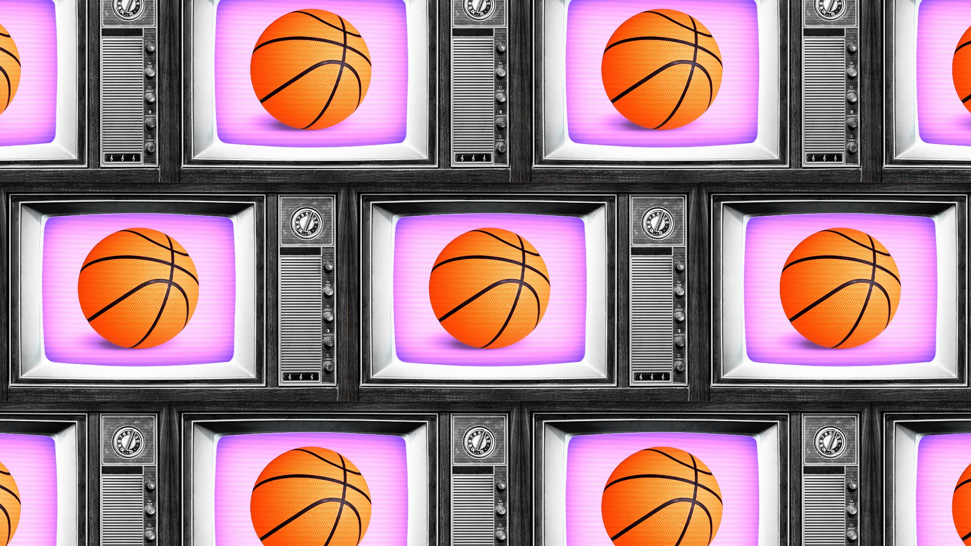Illustration of a basketball on a wall of repeating television screen.
