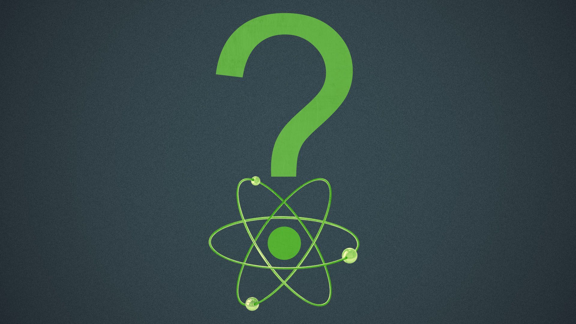 Illustration of a question mark with an atom as the dot. 