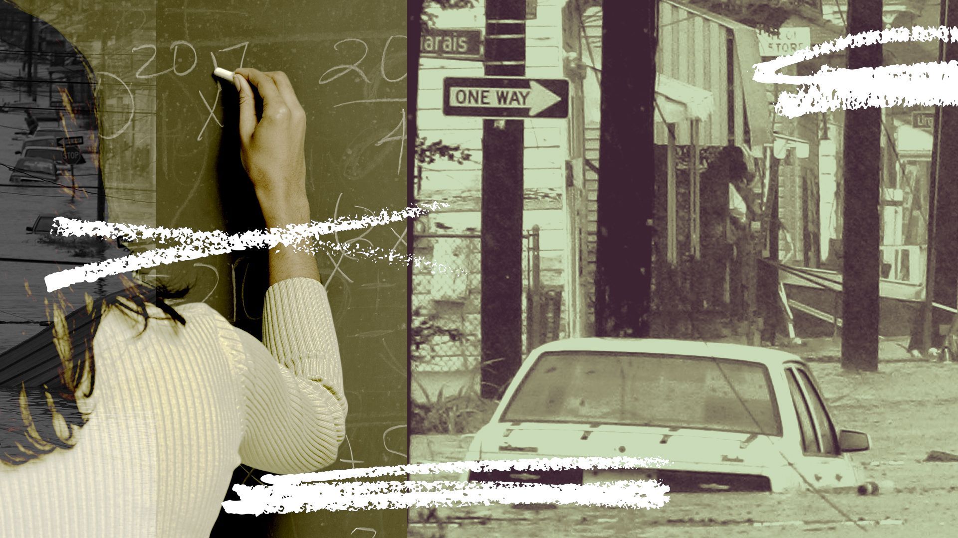 Photo illustration collage showing a teacher with chalkboard elements and archival photos from Hurricane Katrina in New Orleans.