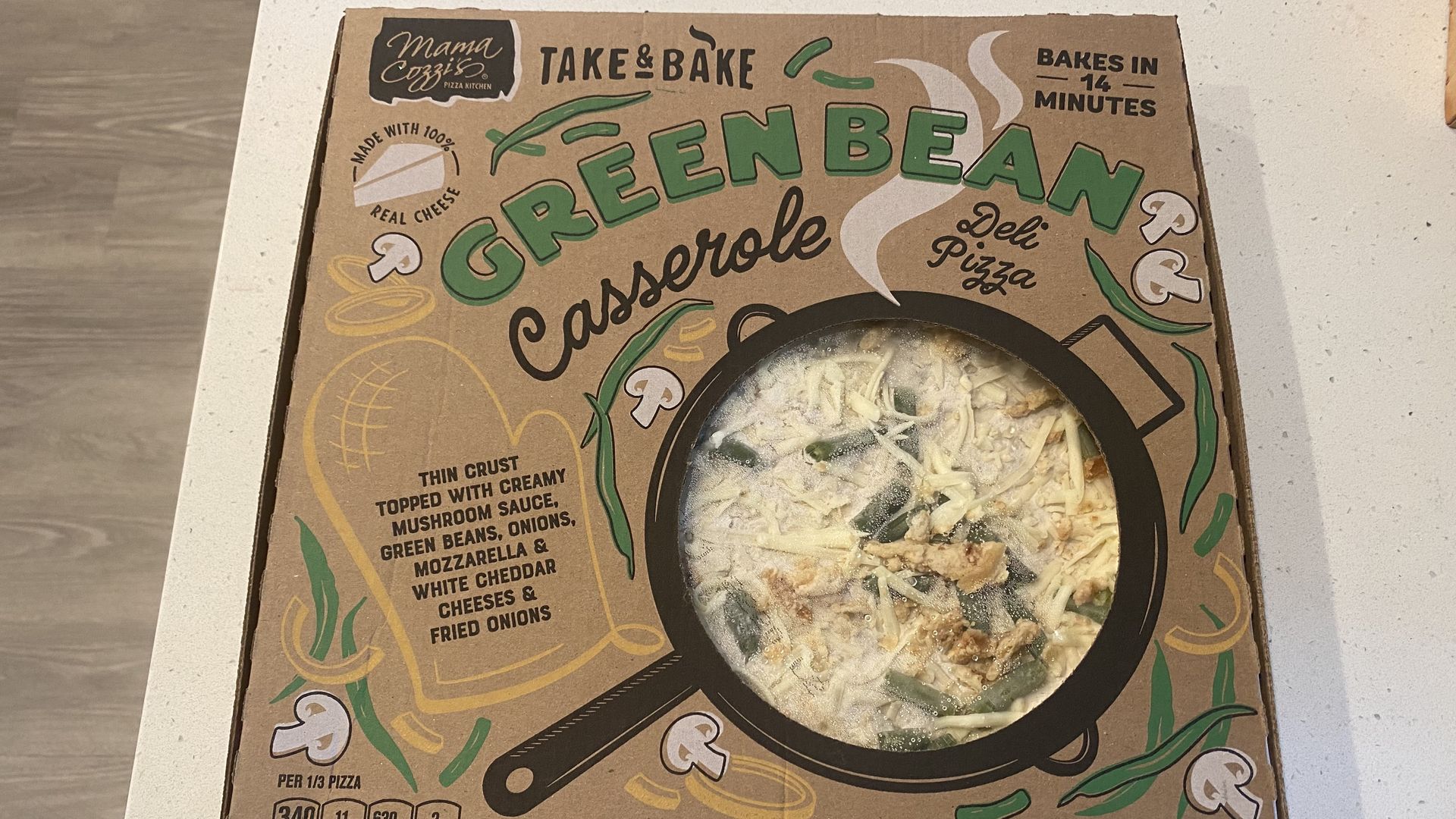 Mamma Cozzi's frozen green bean casserole pizza. Photo: Taylor Allen/Axios 