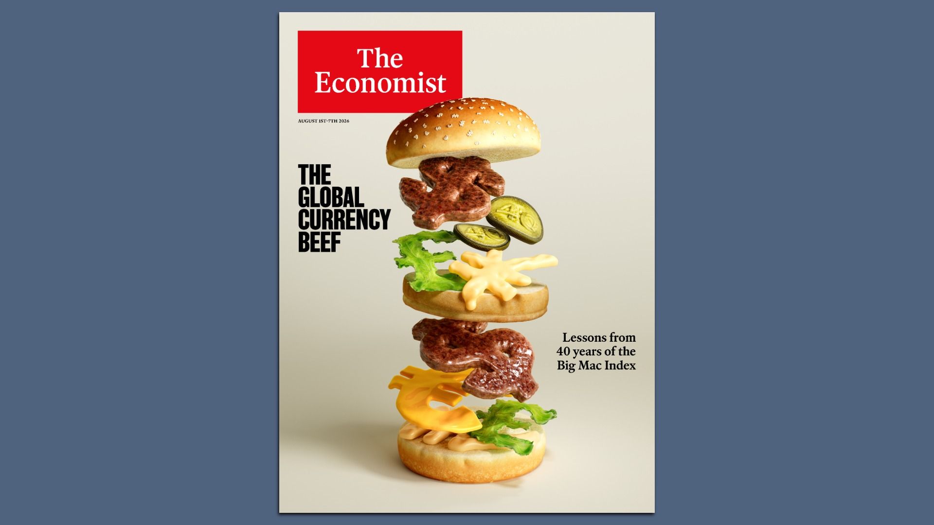 Cover of The Economist showing a tall hamburger stack (bun, patty, cheese, lettuce, pickles, sauce) beneath a red logo; headline reads "THE GLOBAL CURRENCY BEEF".