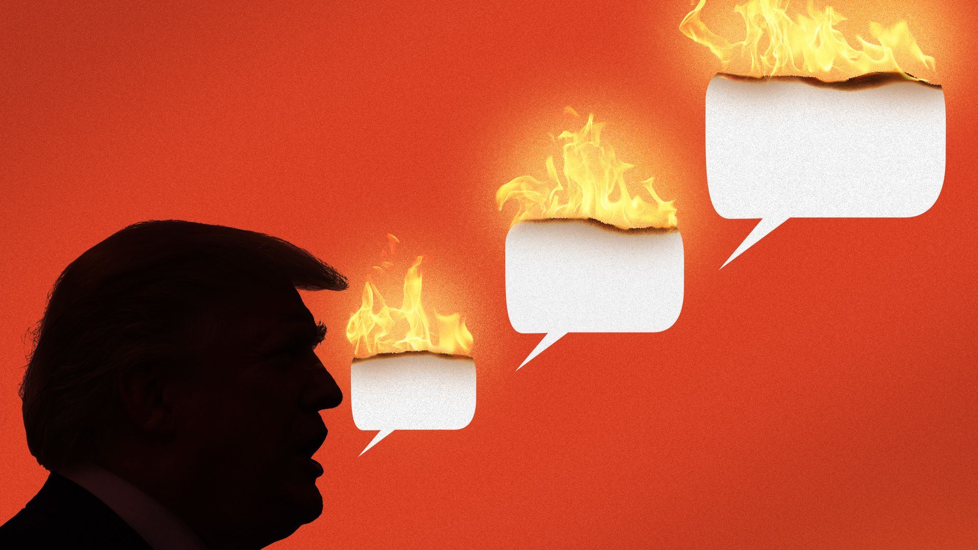 Photo illustration of Donald Trump with speech bubbles coming out of his mouth getting progressively larger. The speech bubbles are all on fire and burnt around the edges. 