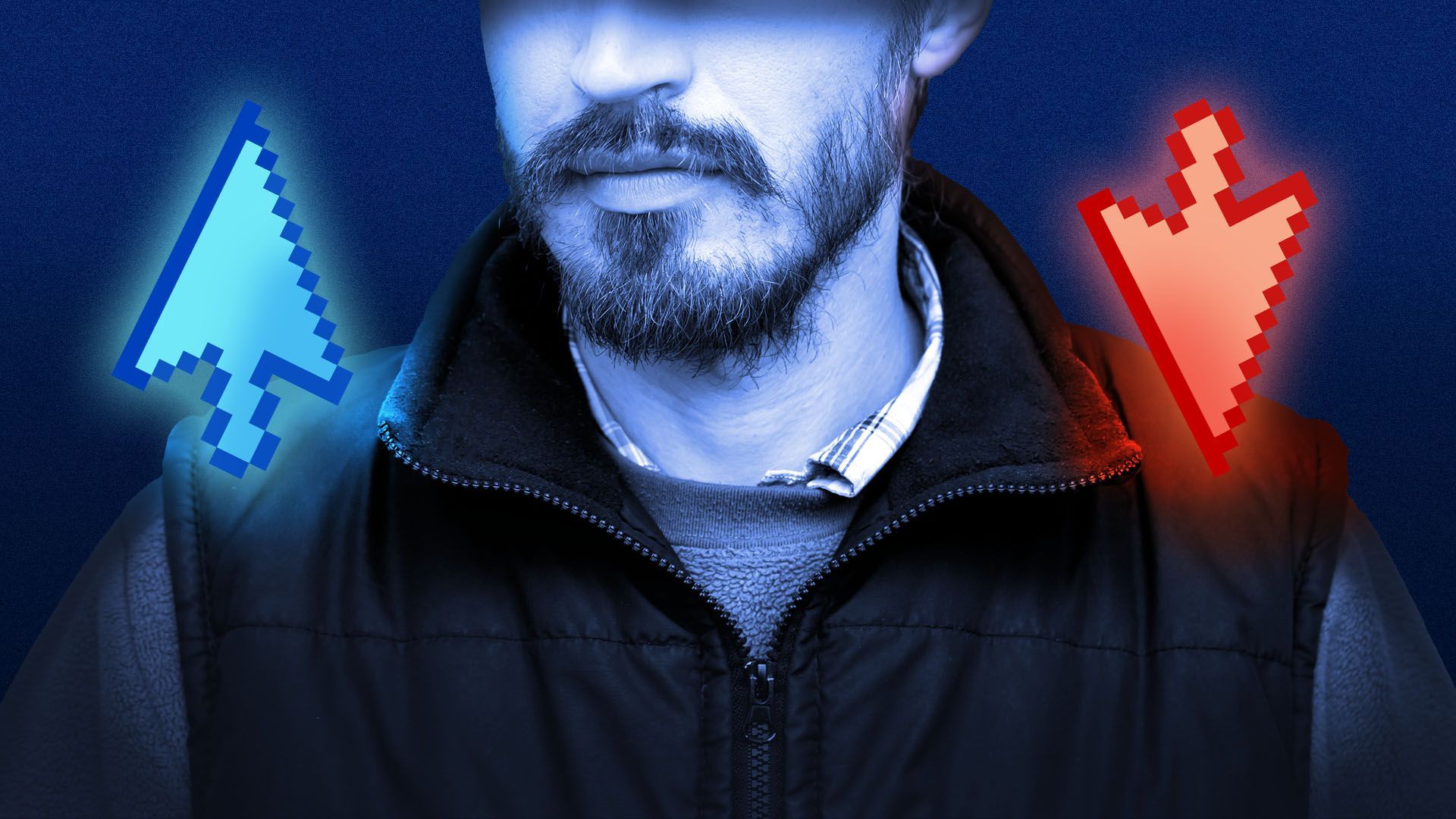 Illustration of an anonymous tech CEO with a blue upward-pointing arrow cursor on one shoulder and a downward-pointing red cursor on the other