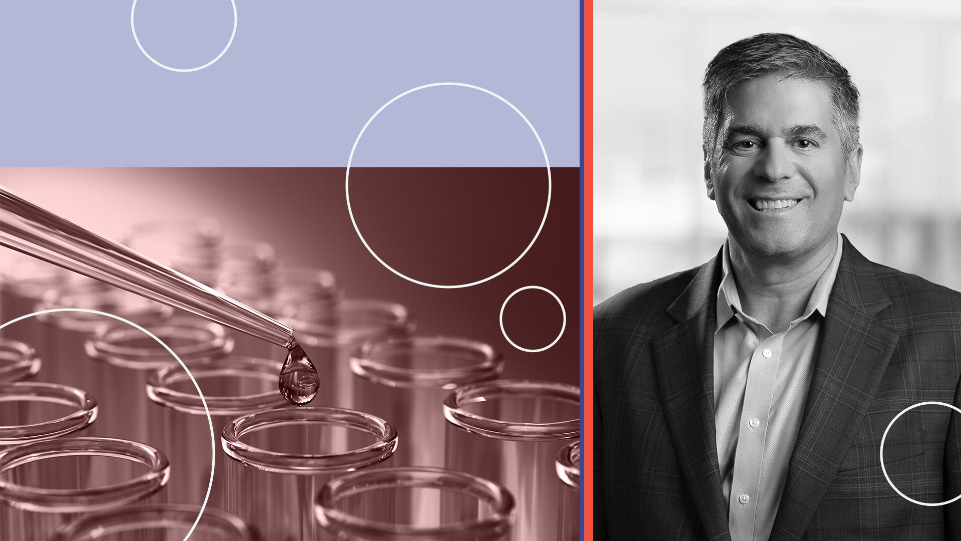 Photo illustration of Mark Cooper, collage with an image of test tubes, a pipette, and abstract shapes.