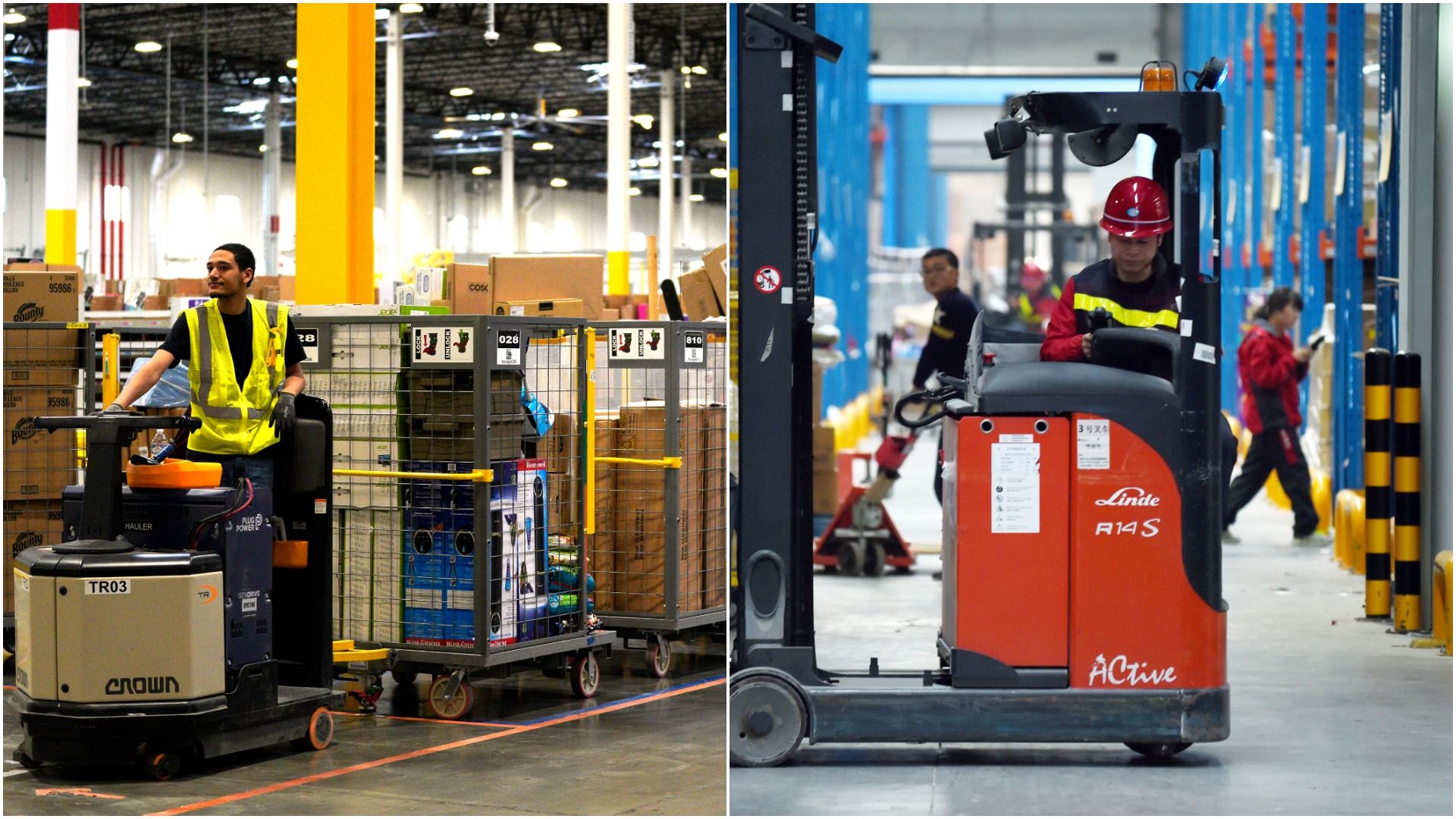 A split screen showing two warehouses