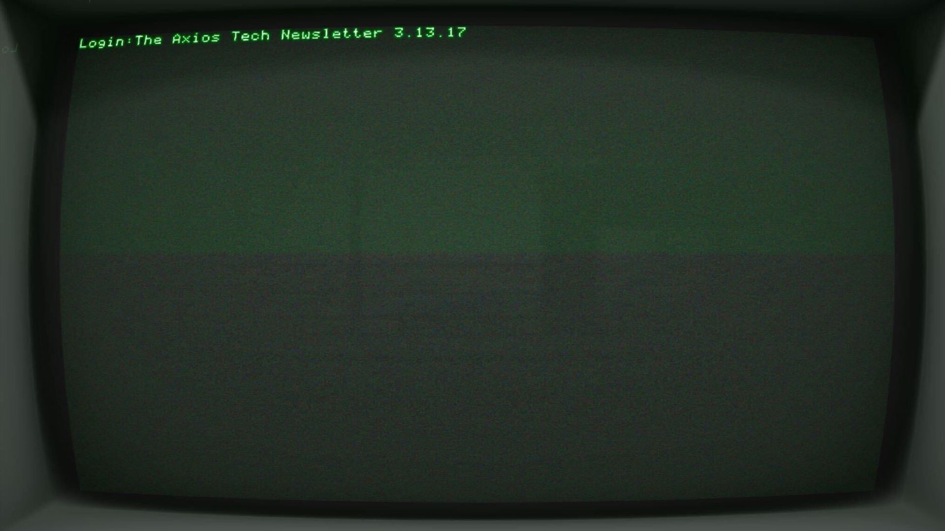 An image of a green screen emulator showing a promo for Login: The Axios Tech Newsletter, with its March 13, 2017 launch date