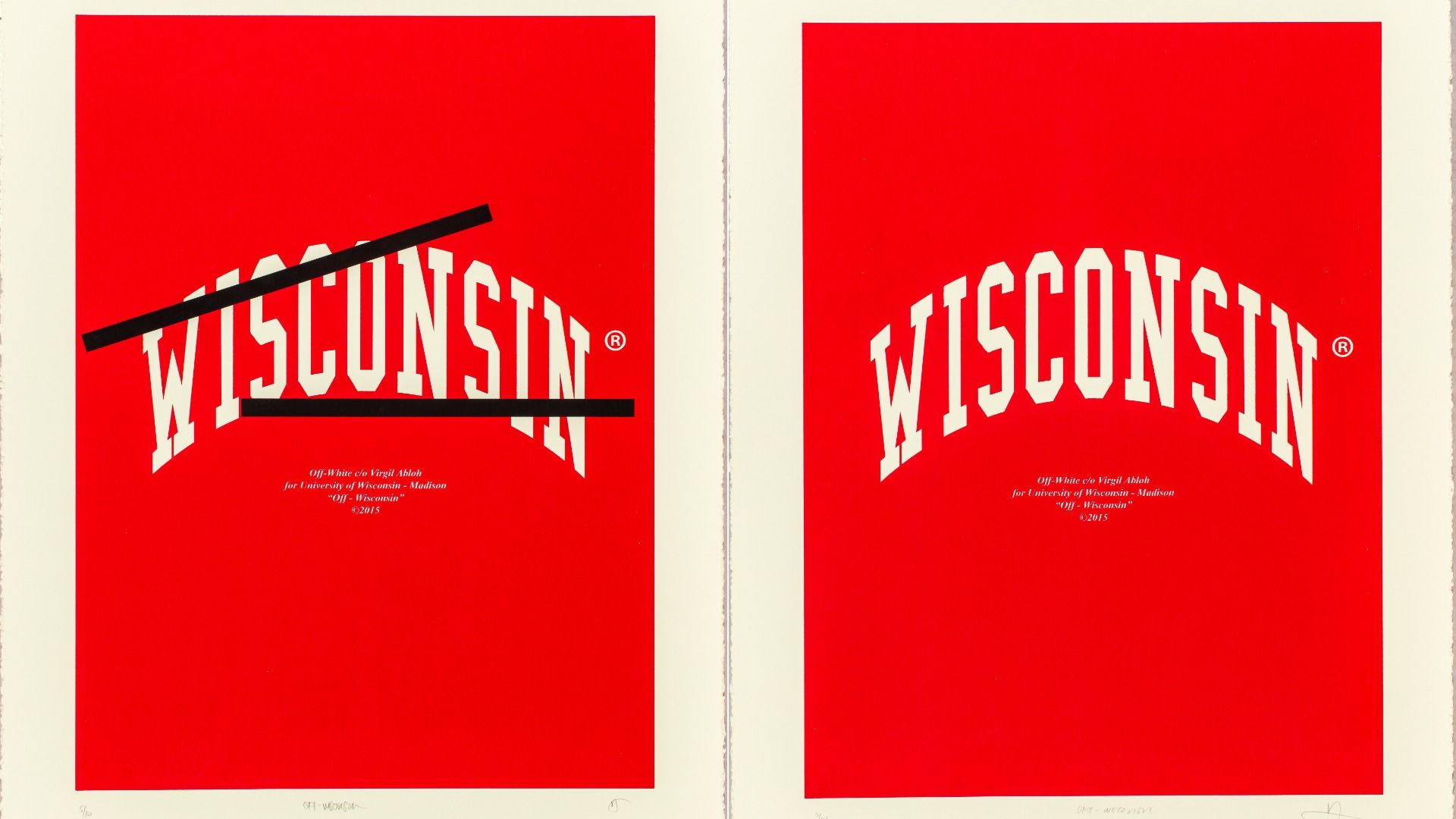 Two adjacent red posters feature bold white curved "WISCONSIN" text. Left panel shows a thick black diagonal line crossing the word; right panel shows the intact version.