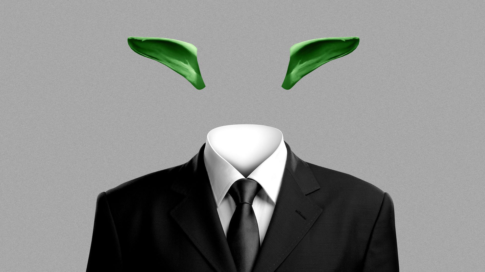 Illustration of a suit without a head, and goblin ears off to the sides.  