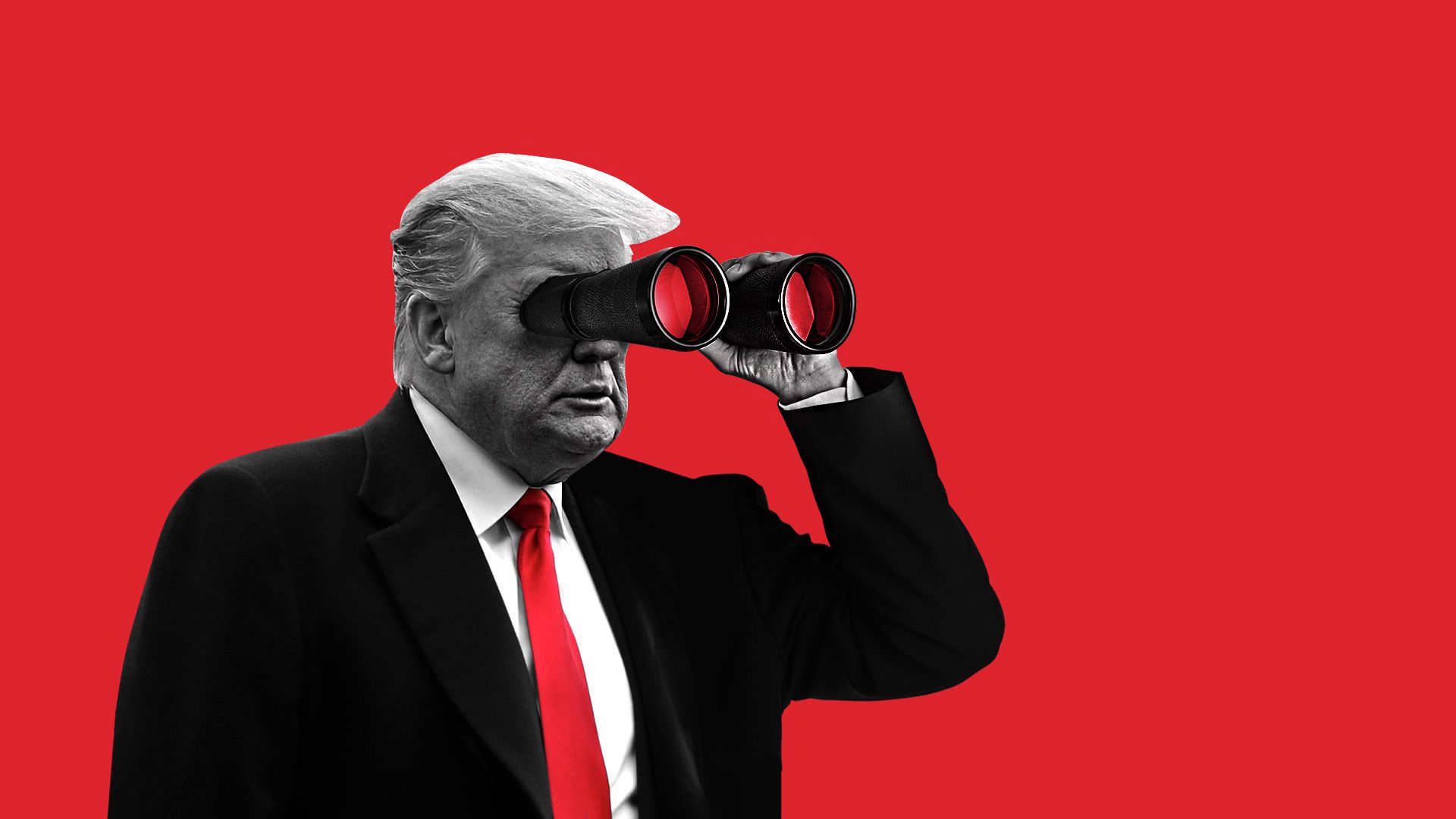 Illustration of Trump peering into the distance with binoculars