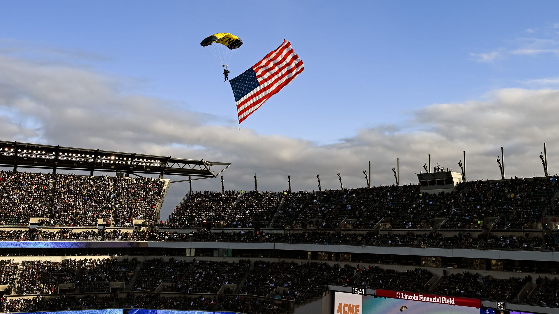 A Navy Leapfrog parachutes into Philadelphia's Lincoln Financial Field at the start of the Army-Navy game on Saturday.