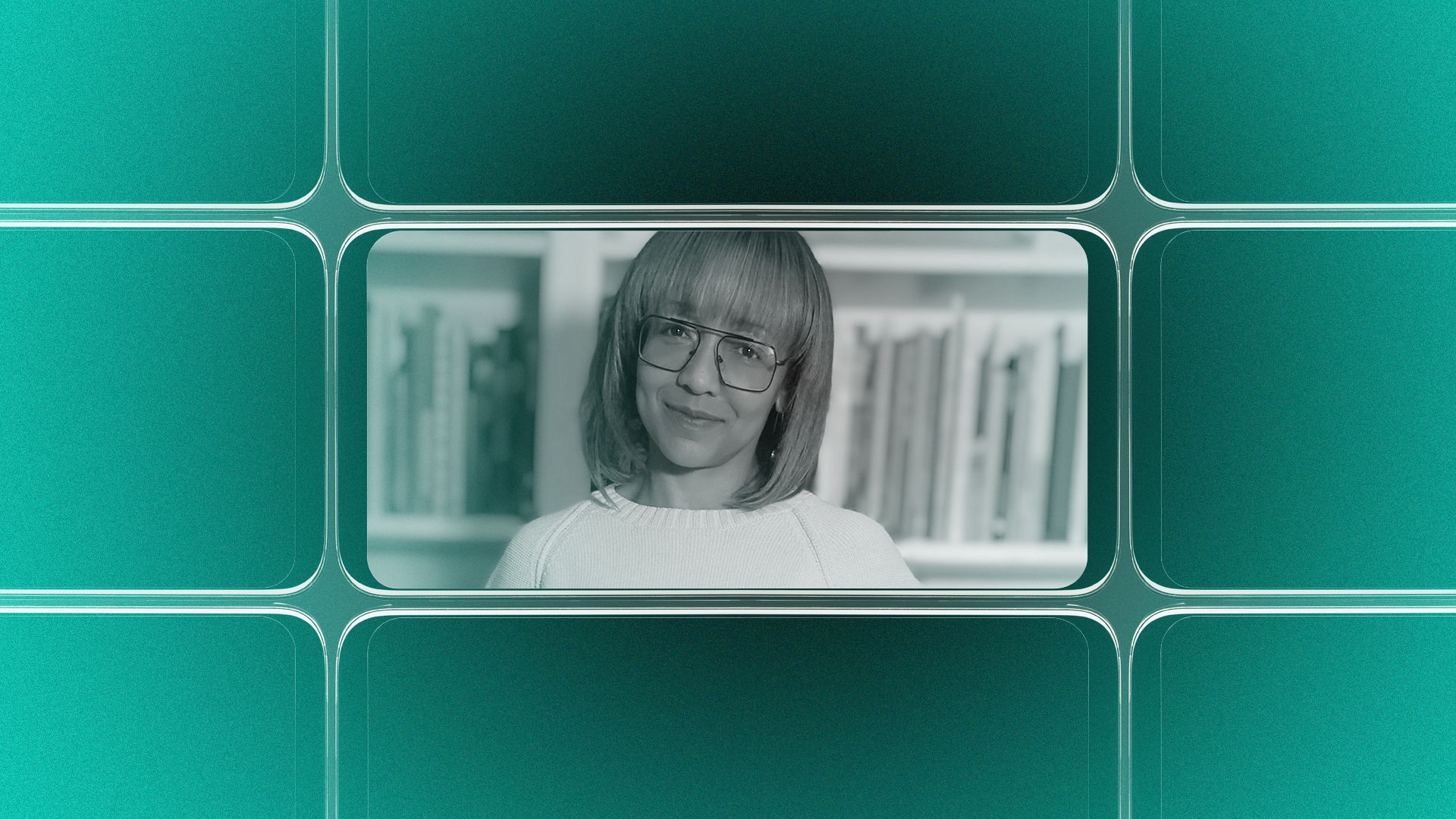 A photo framed by a series of smartphones of Karen Comer Lowe wearing glasses in front of a bookshelf