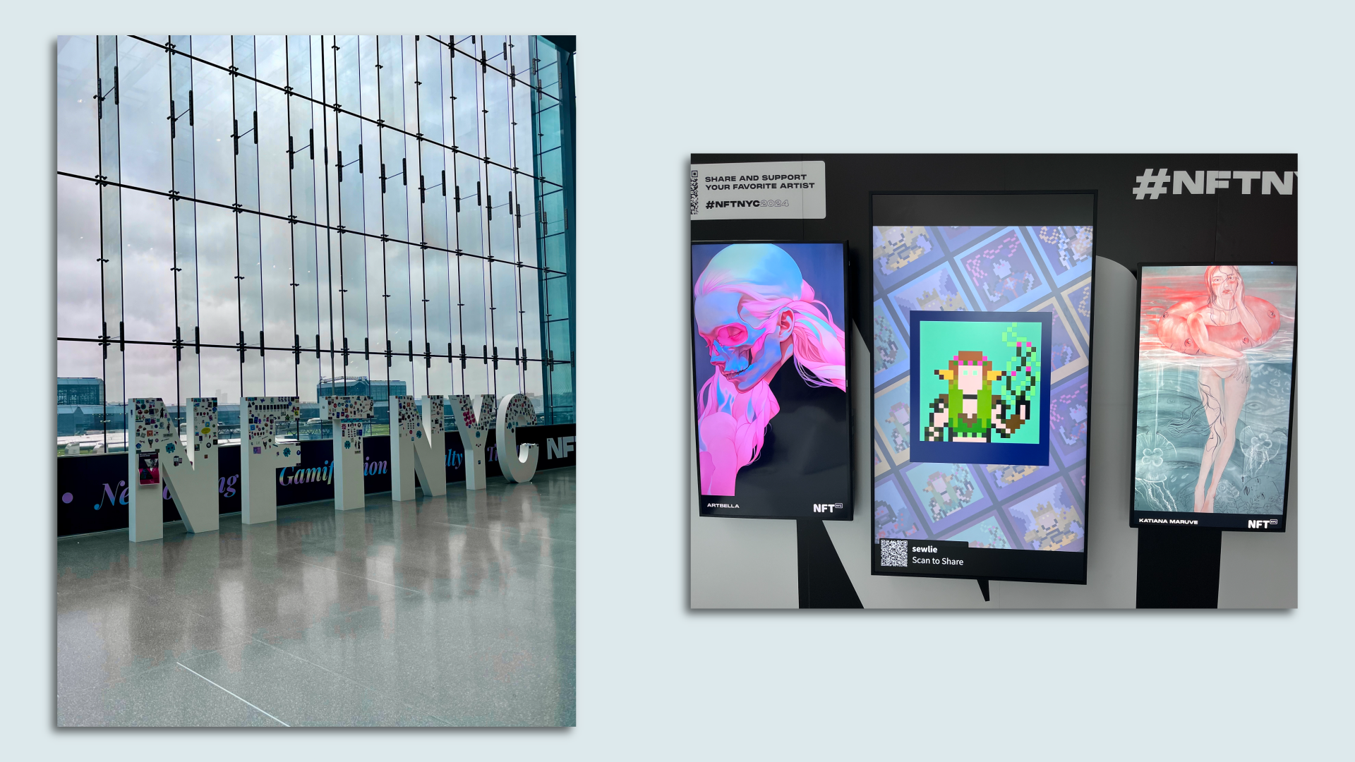 Two images from NFT.nyc. One showing its letters in 3D in front of a huge window showing a grey day. Another of several very crypto artworks on screens. 