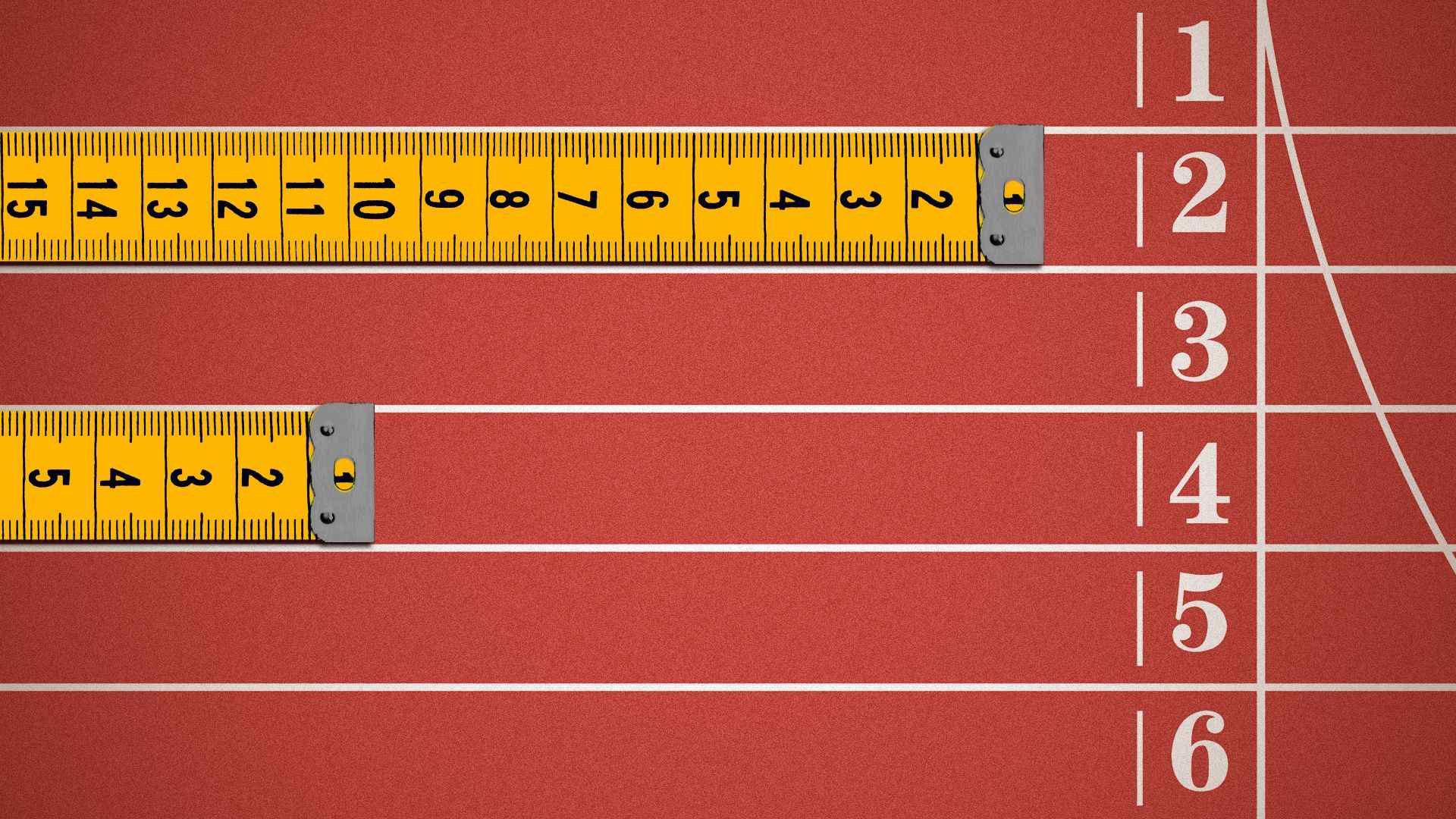 Illustration of a running track from above with two pieces of measuring tape in competing lanes. 