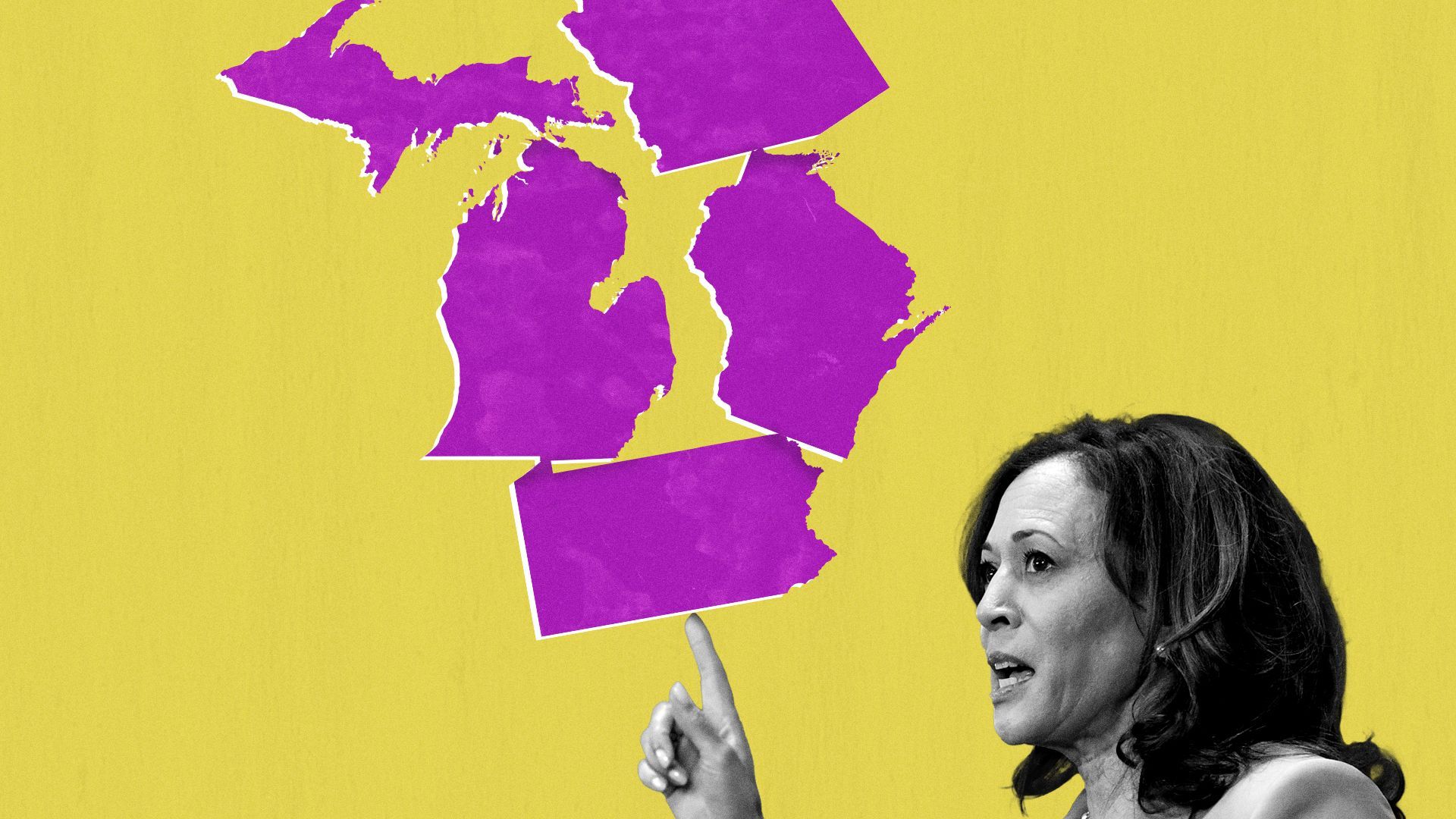 Photo illustration of Kamala Harris balancing Michigan, Pennsylvania, Wisconsin and Arizona on her finger.
