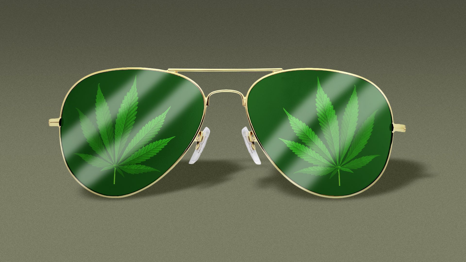 Illustration of aviator sunglasses with cannabis leaves reflected in the lenses. 