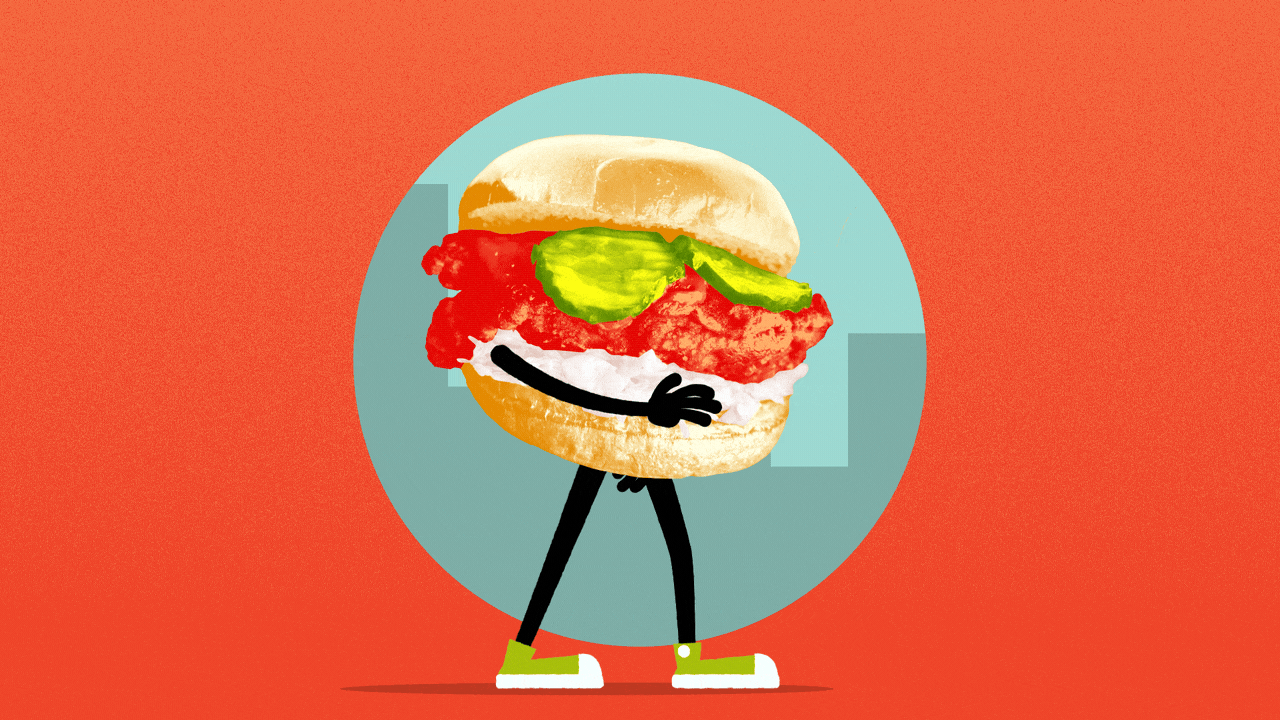 Animated illustration of a Nashville Hot Chicken sandwich with arms and legs walking down the street. 