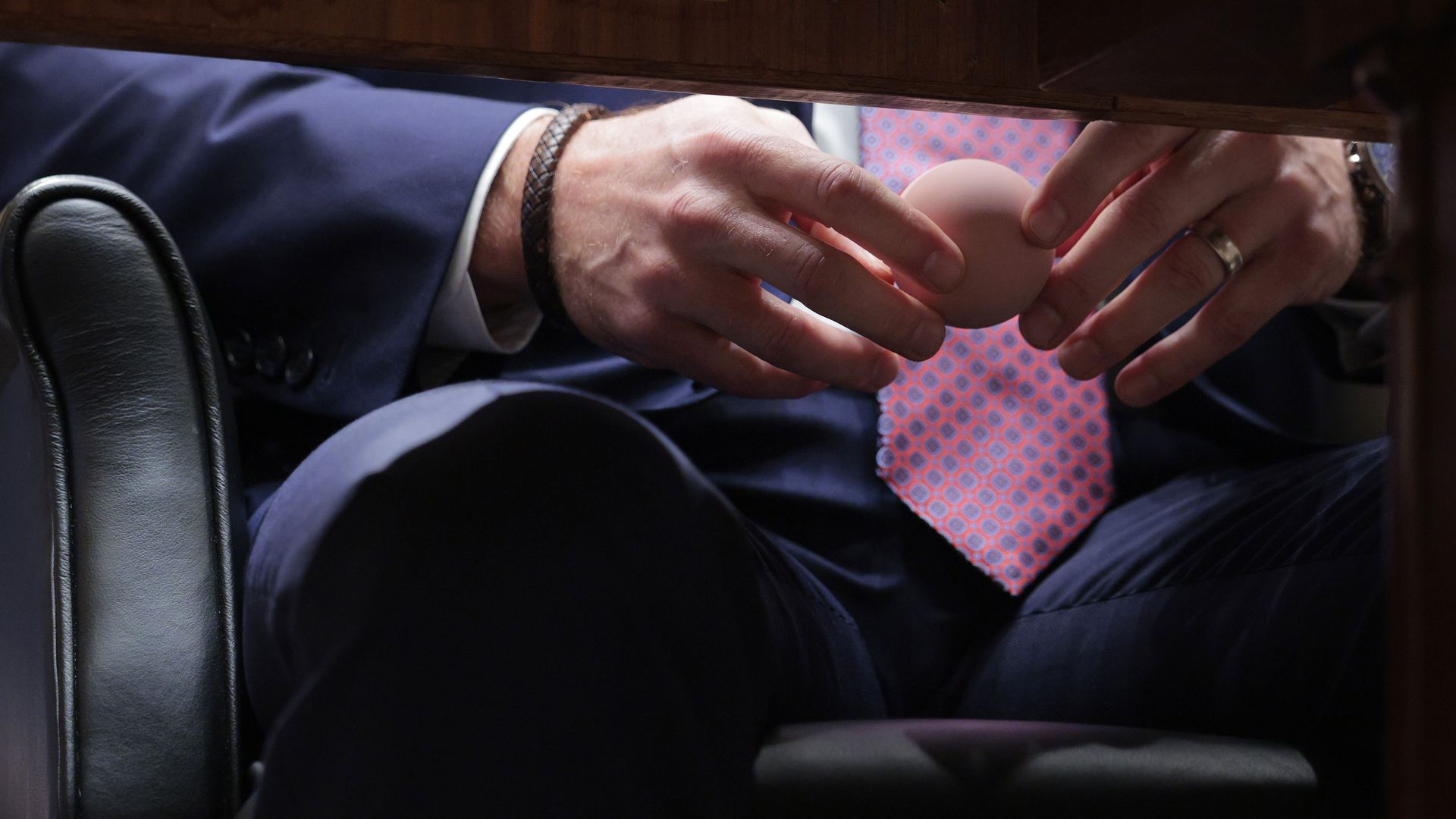  A detailed view as U.S. Sen. Markwayne Mullin (R-OK) holds a rubber ball during a confirmation hearing to be the next Secretary of the Department of Homeland Security