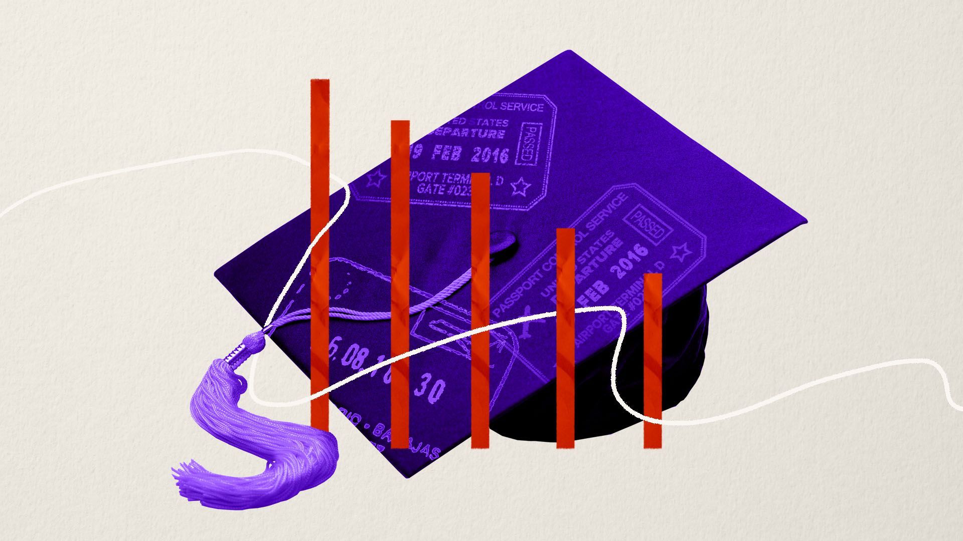 Illustrated collage of a graduation cap covered in travel stamps behind a downward trending bar graph.