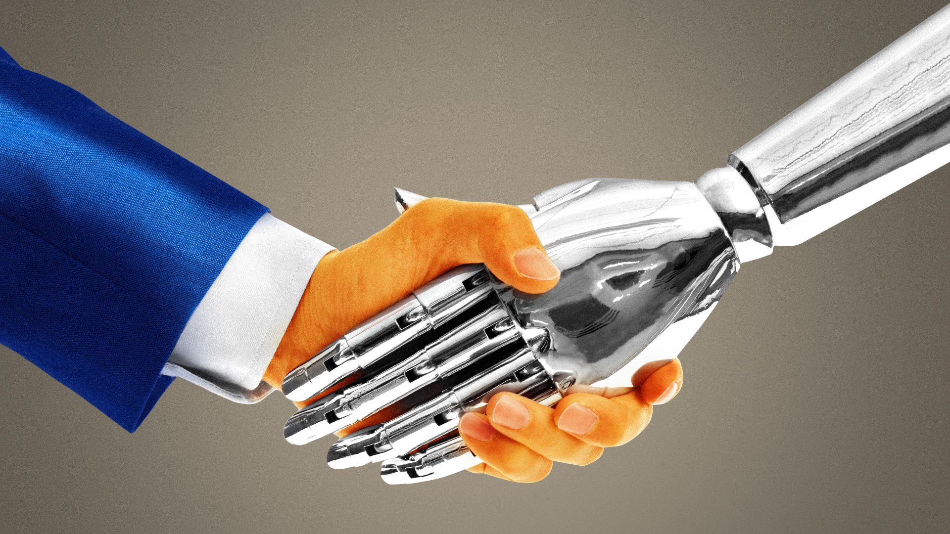 Illustration of a handshake between a robot hand and a Trump-style hand.
