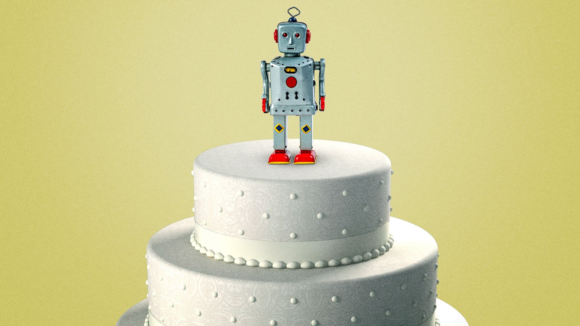 Illustration of a robot on top of a wedding cake. 
