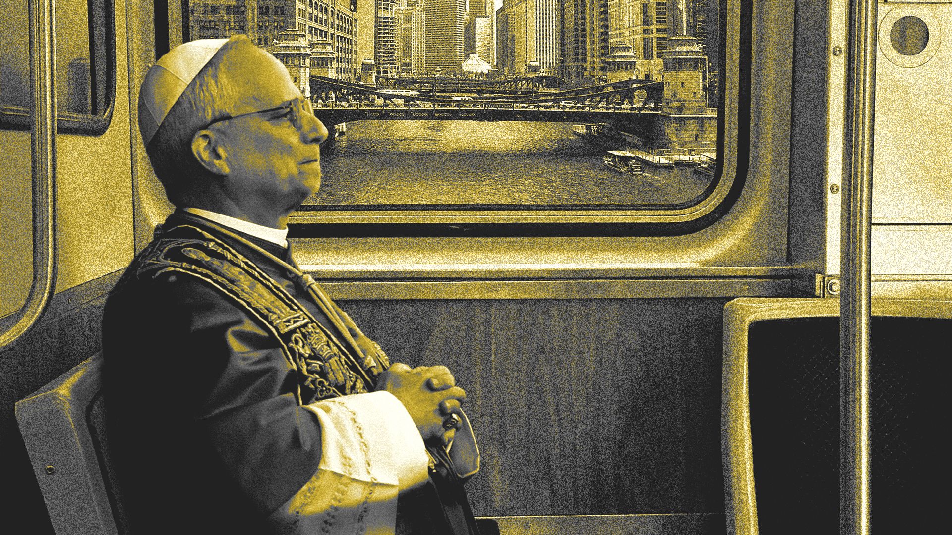 Photo illustration of Pope Leo XIV riding a train in Chicago.