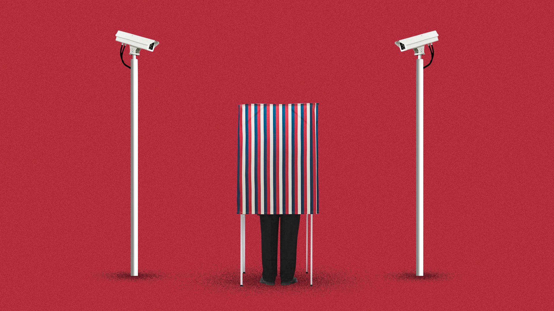 Illustration of a person in a lone curtained voting booth with towering surveillance cameras on either side.