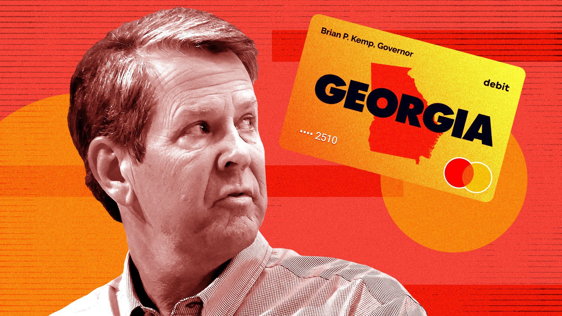 Photo illustration of Governor Brian Kemp next to Georgia cash card and surrounded by various shapes