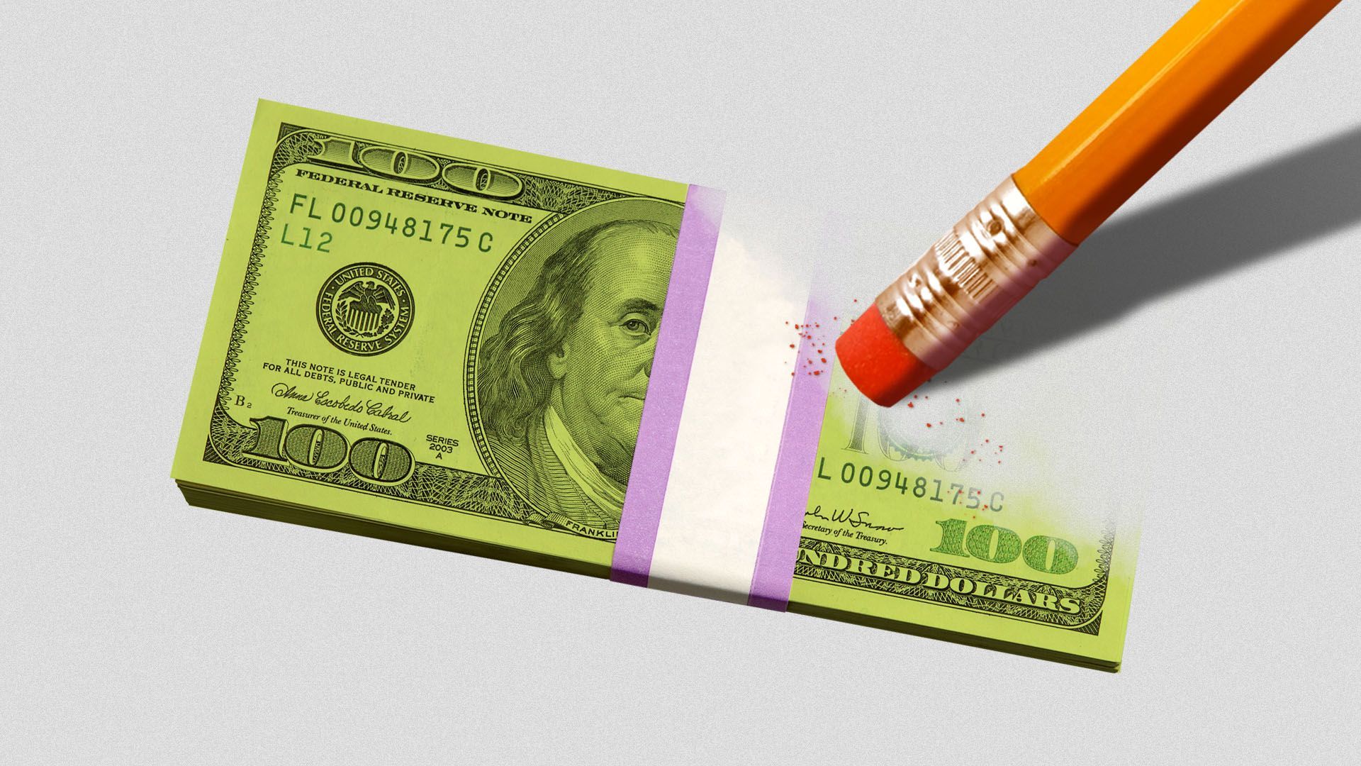 Illustration of a stack of hundred dollar bills being erased