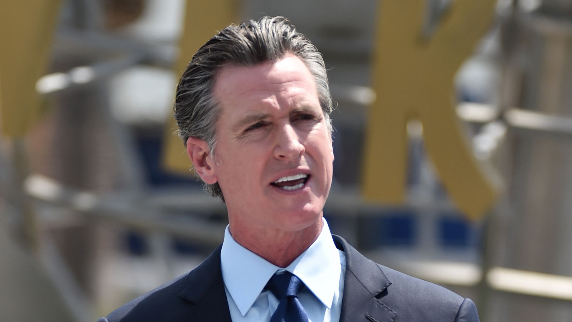  California Governor Gavin Newsom at a press conference for the official reopening of the state of California at Universal Studios Hollywood on June 15