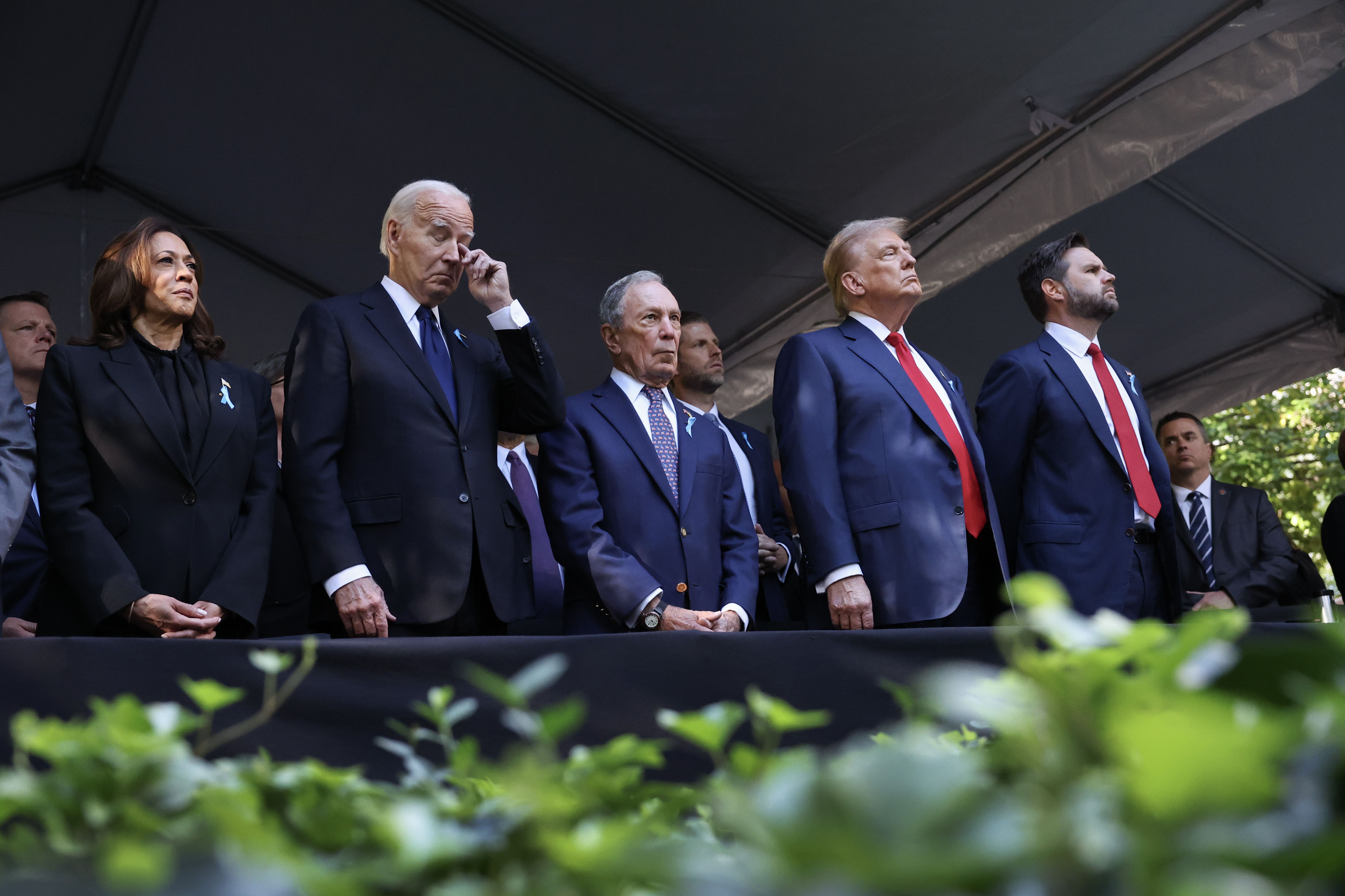 NEW YORK, NEW YORK - SEPTEMBER 11: (L-R) Democratic presidential nominee, U.S. Vice President Kamala Harris, U.S. President Joe Biden, former Mayor of New York Michael Bloomberg, Republican presidential nominee, former U.S. President Donald Trump and Republican vice presidential candidate Sen. J.D. 