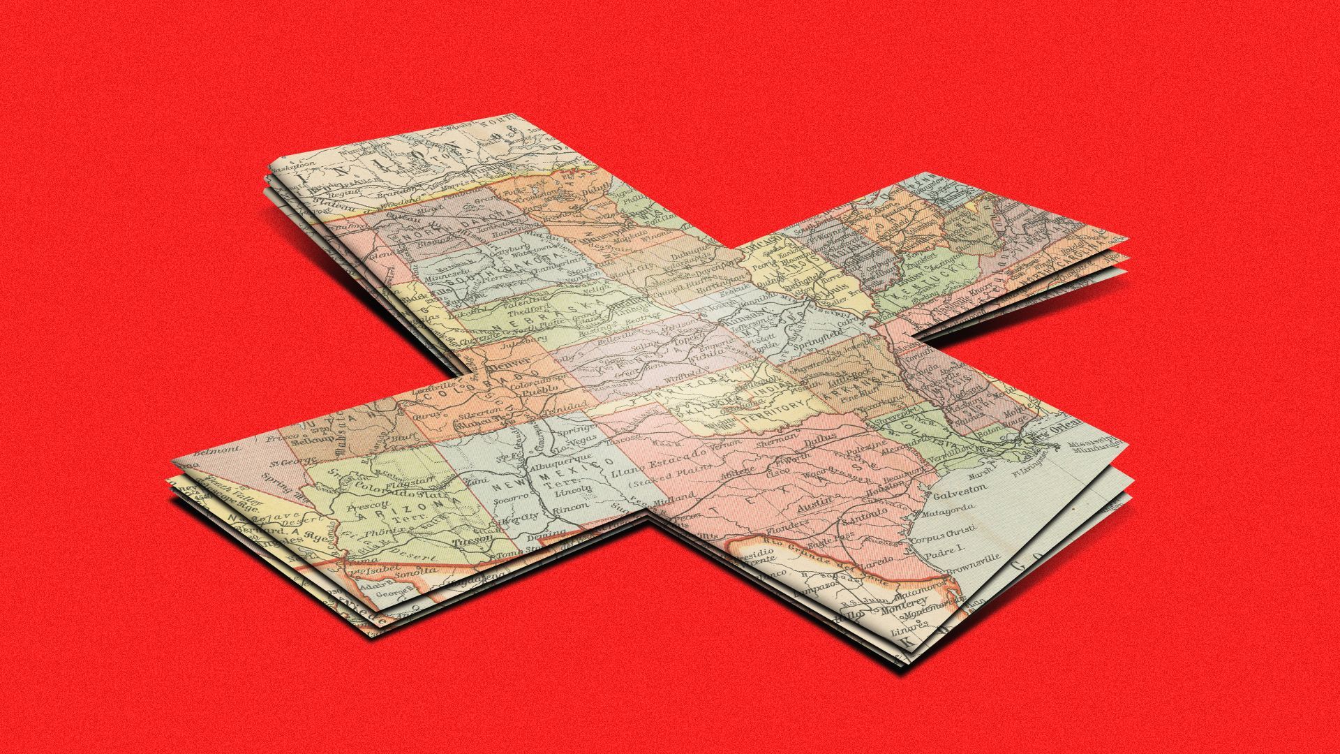 Illustration of a road map in the shape of a red cross