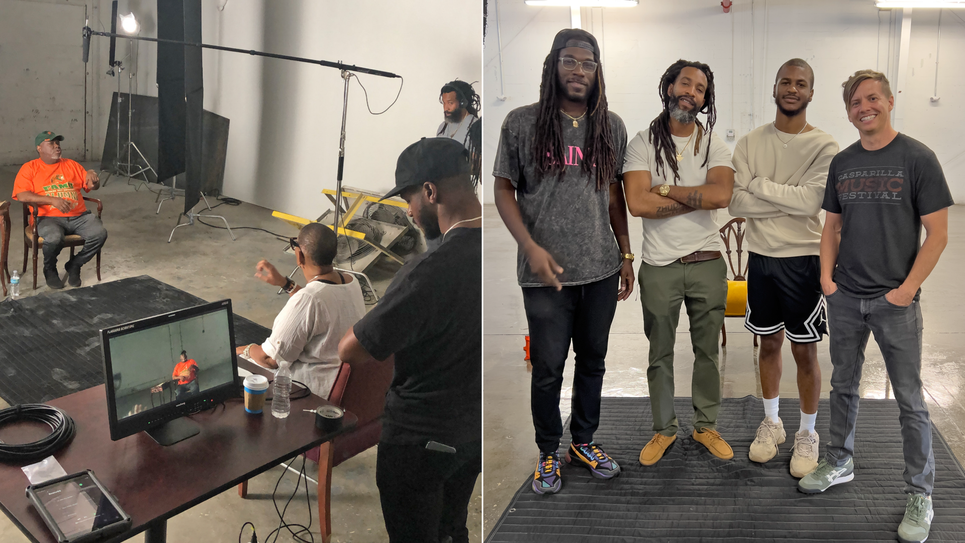 Two images side-by-side. On the left, a film crew talks to a seated man in a bright orange shirt. On t he right, four men pose for a photo.
