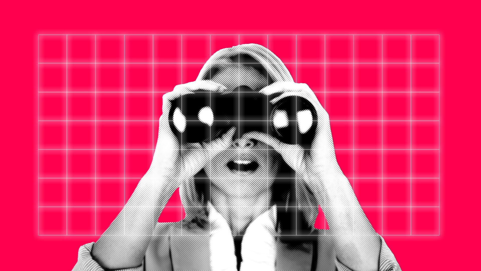 Illustration of a woman looking through binoculars through a grid