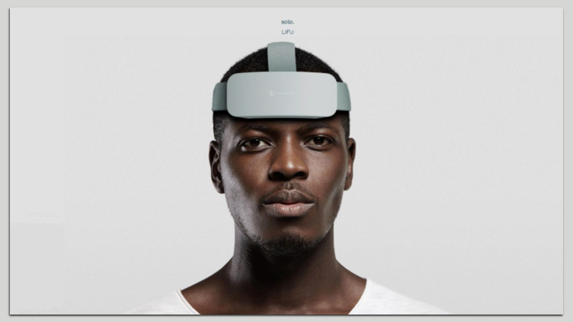 A man with dark skin wearing a gray headband device labeled "solo. LIFU" on his forehead, set against a plain white background.