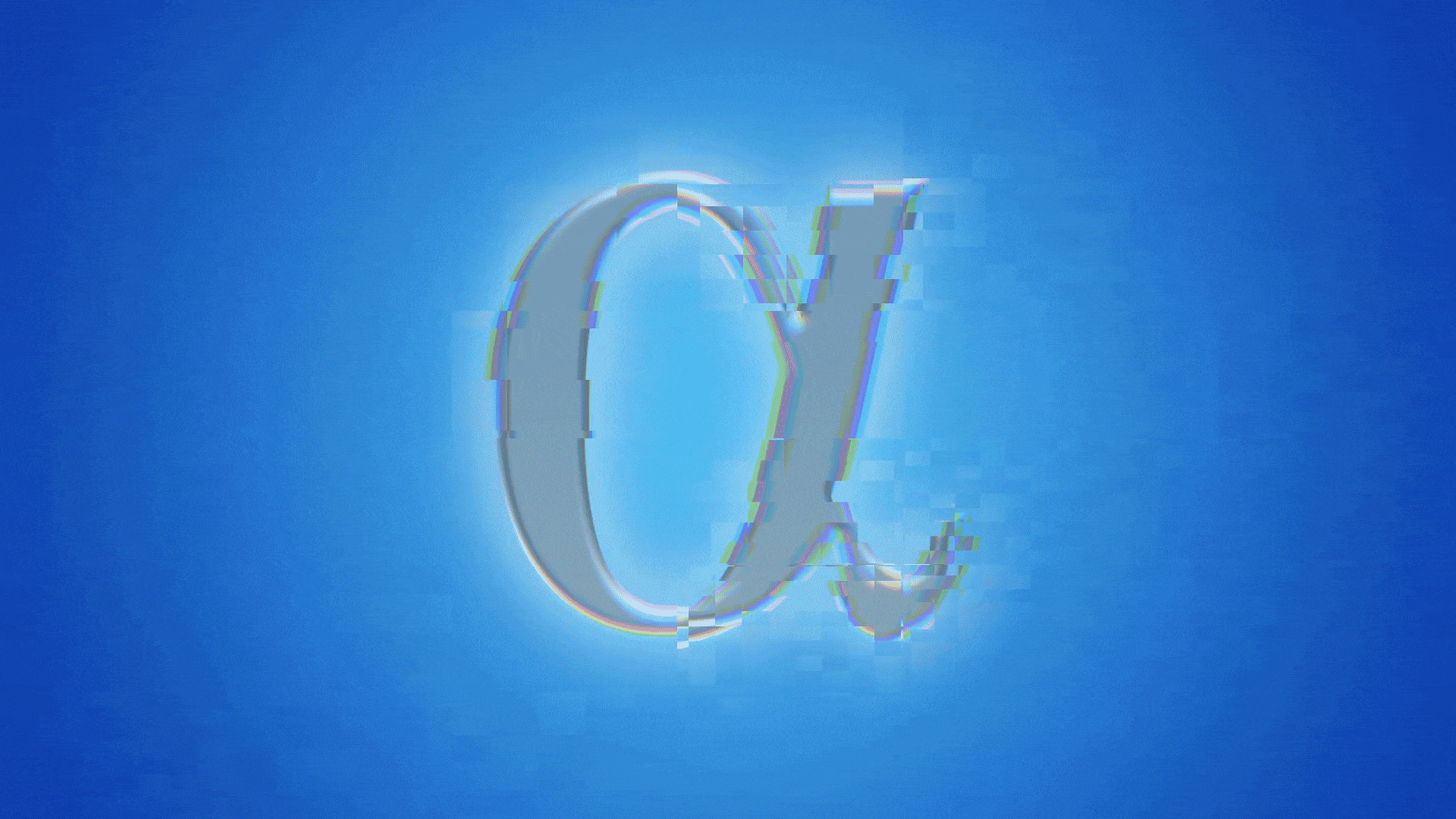 Illustration of the alpha symbol with a digital glitch effect