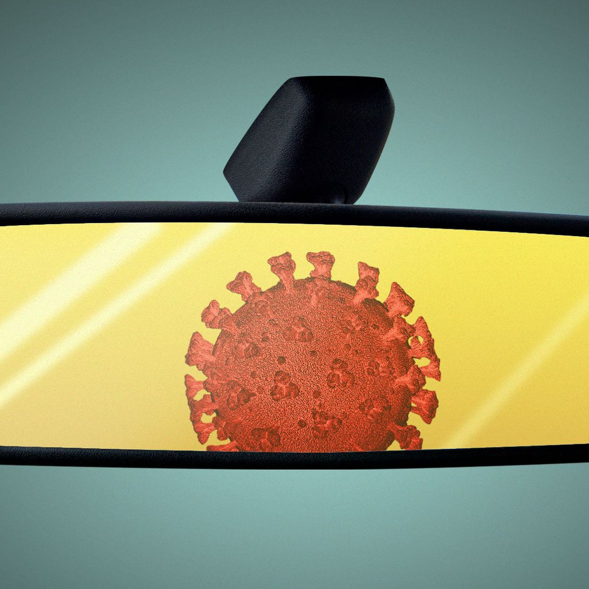 Illustration of a covid particle reflected in a rearview mirror