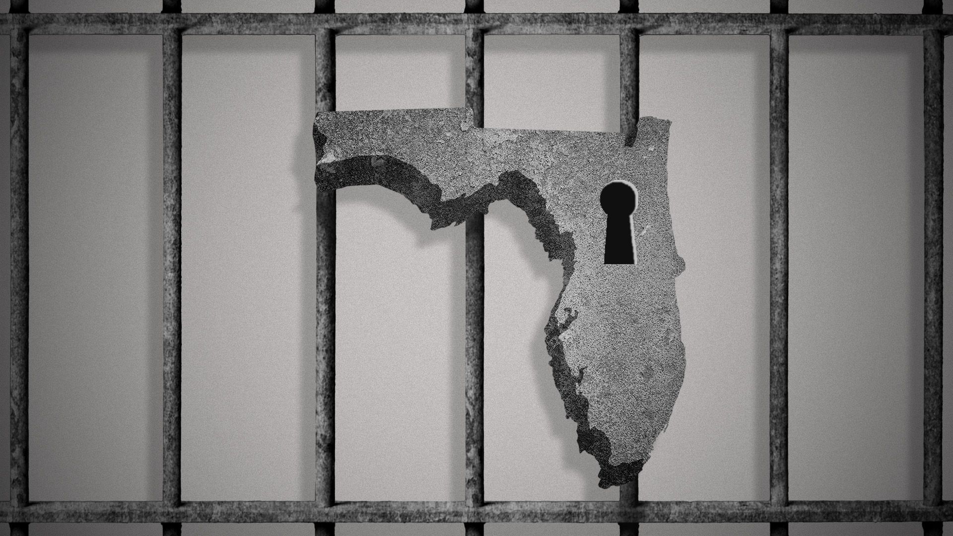 Illustration of a prison cell with a padlock in the shape of Florida.