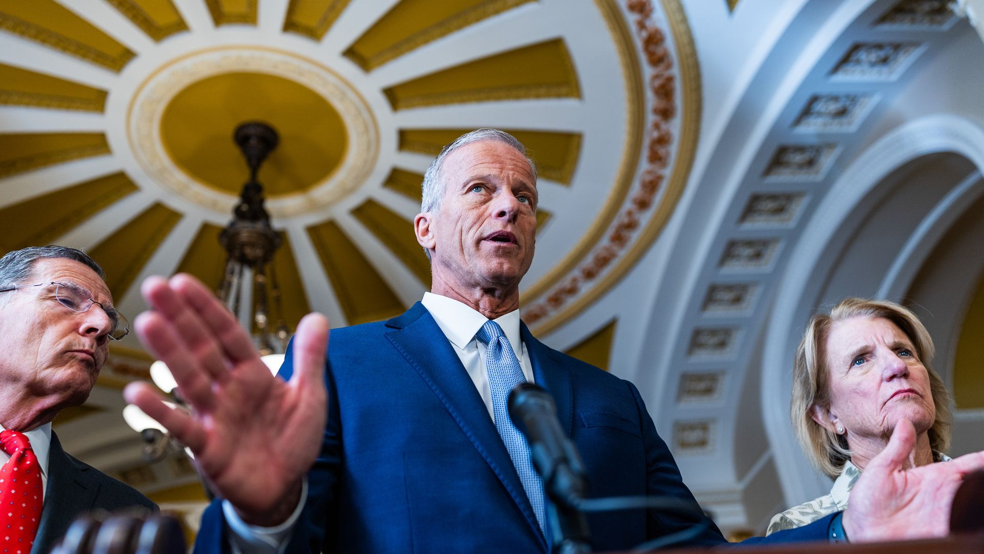 Senate Majority Leader John Thune speaks to reporters at the U.S. Capitol on July 21. 