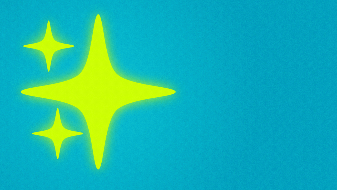 Animated illustration of a sparkle emoji that grows a hand, which flicks away its two smaller spark shapes.