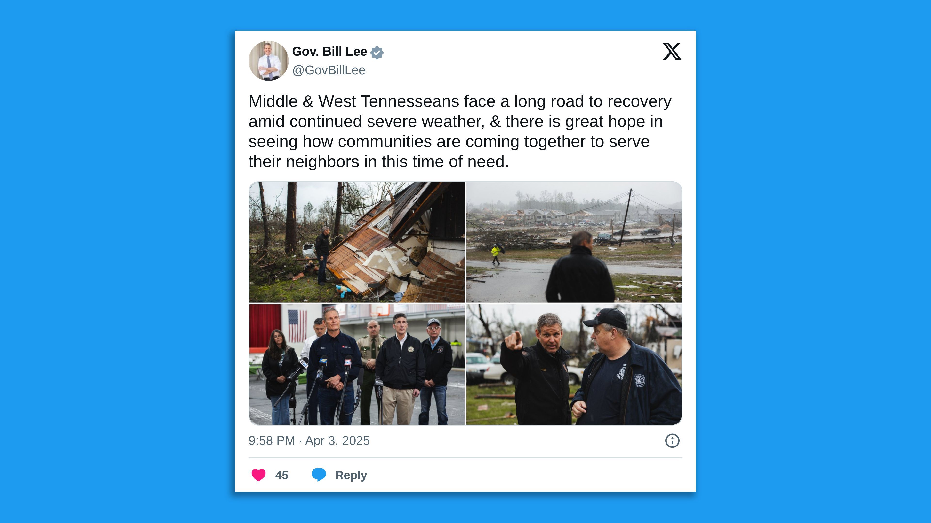 A screenshot of the Tennessee governor's tweet showing him visiting storm-damaged areas, saying in part: "Middle & West Tennesseans face a long road to recovery amid continued severe weather, & there is great hope in seeing how communities are coming together to serve their neighbors."