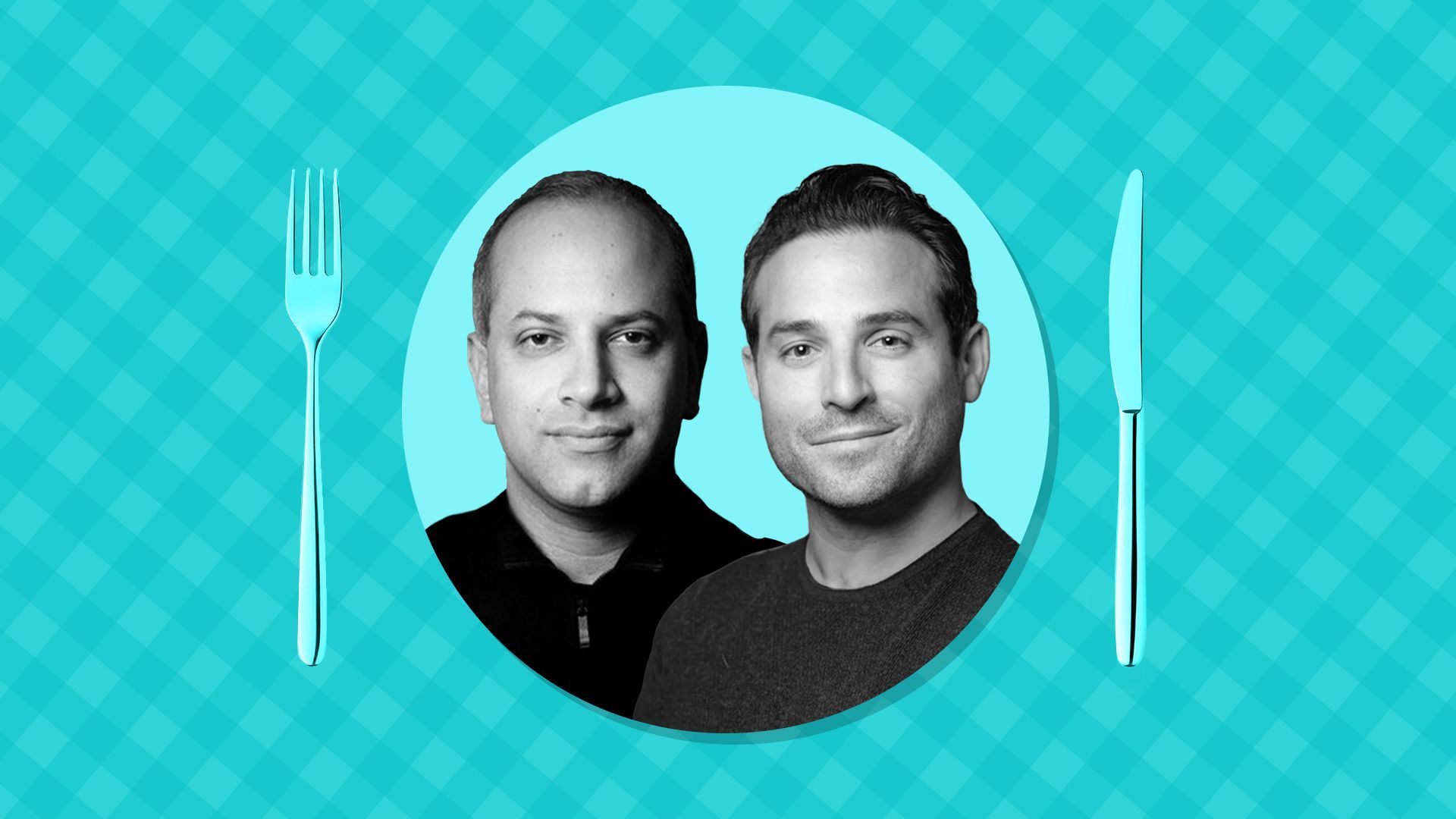 Illustration of Brian Mandelbaum and Jonah Goodhart on a picnic table patterned background.