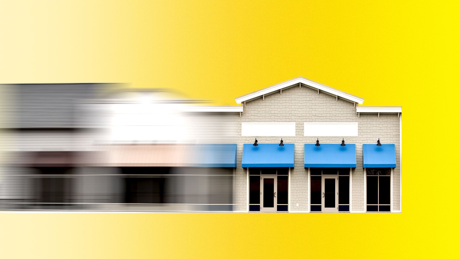 Illustration of storefronts flying into place.