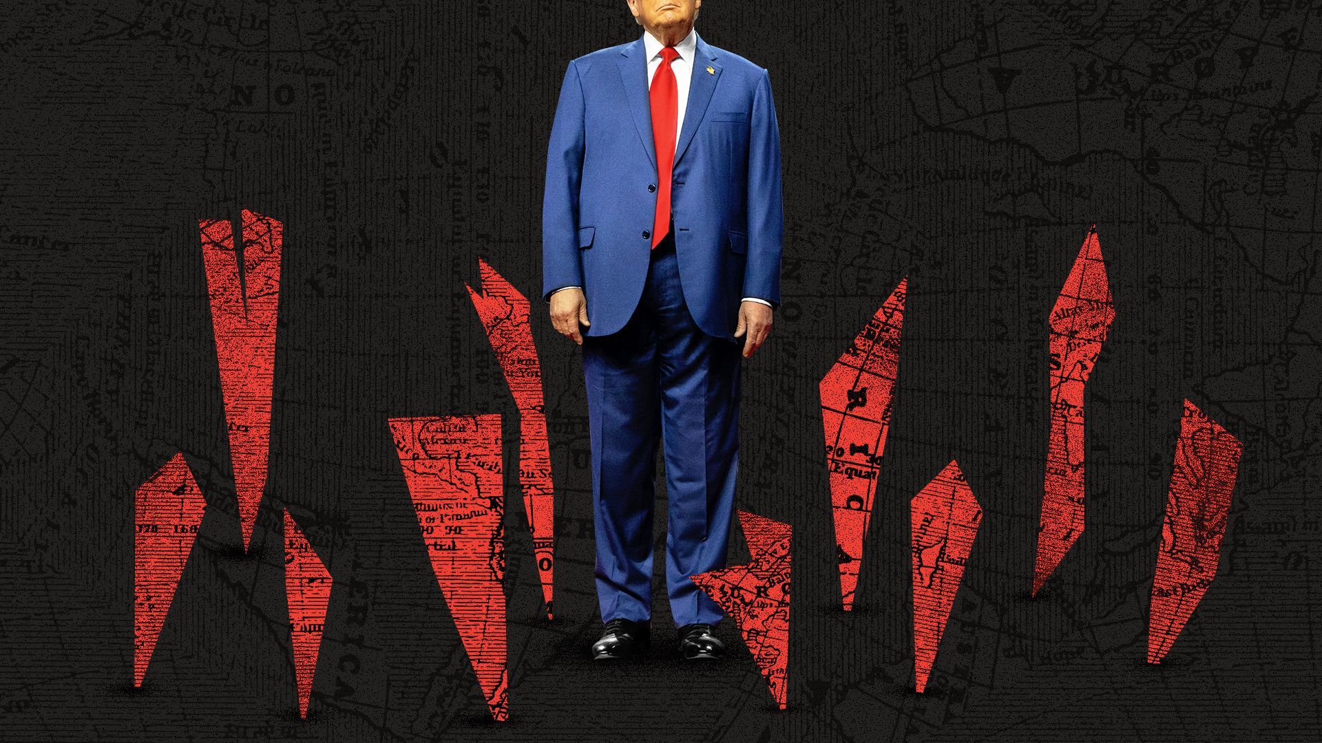 Photo illustration of President Trump surrounded by broken shards of a map stuck in the ground all around. 