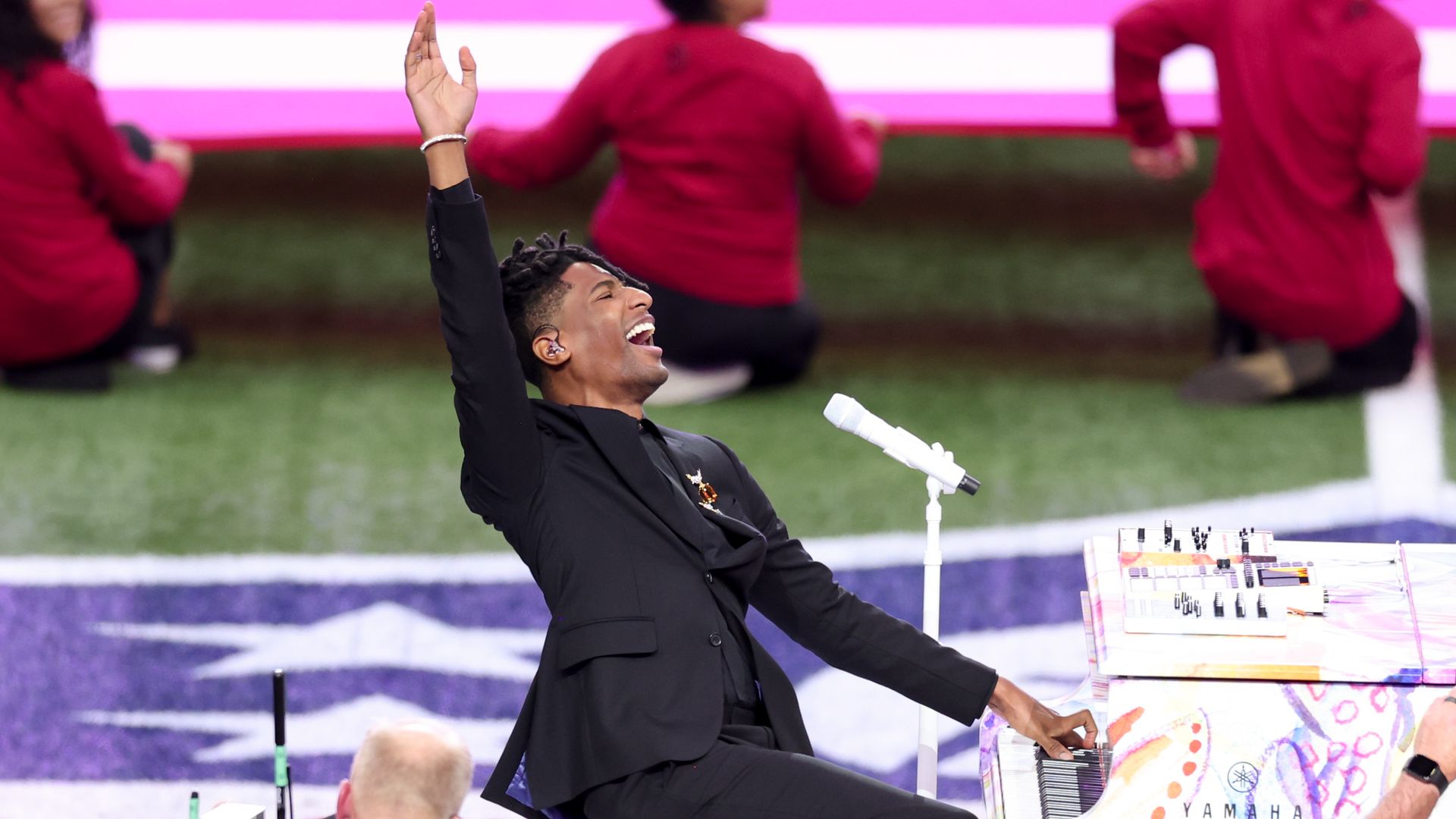 Jon Batiste performs at Super Bowl LIX at Caesars Superdome on February 09, 2025 in New Orleans, Louisiana.