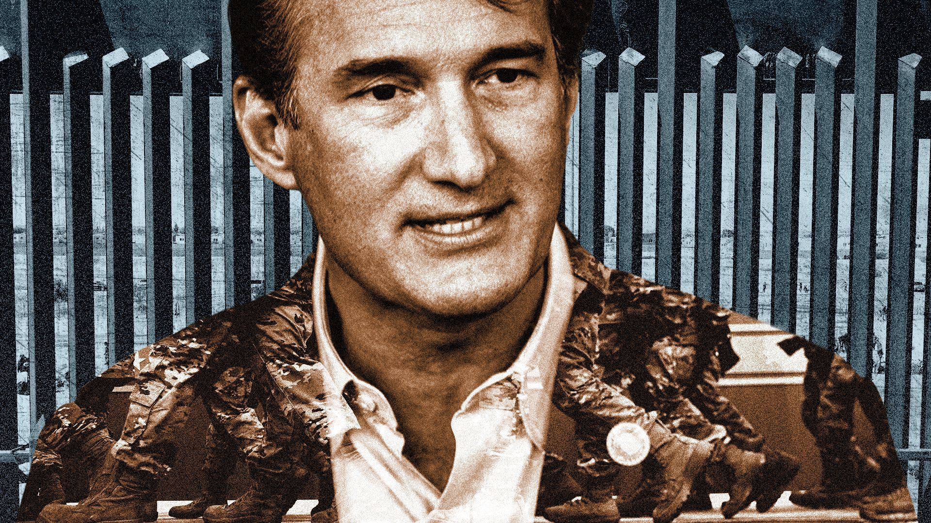 Photo illustration of marching National Guardsmen overlaying Governor Glenn Youngkin with a border fence in the background.