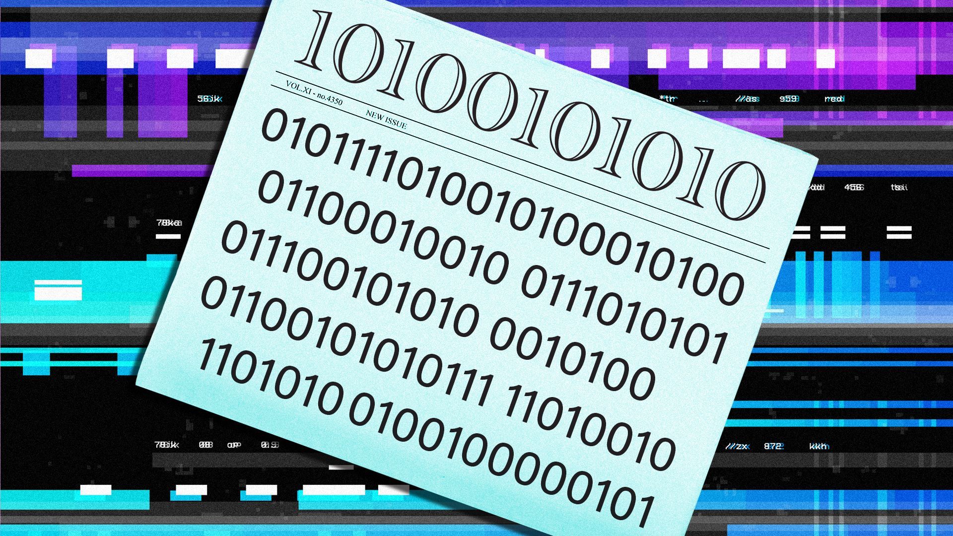 Illustration of a newspaper with the text replaced by binary code